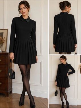 Ryan Scott Vintage Black Pleated Mini Dress Satin Collar Long Sleeve Size 12